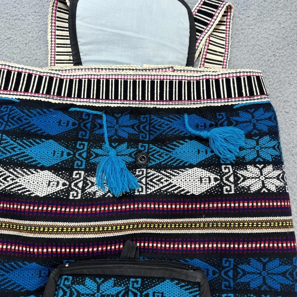 Boho Woven Tribal Aztec Backpack Blue Black Tassel Lined Front Zip Pocket Hippie